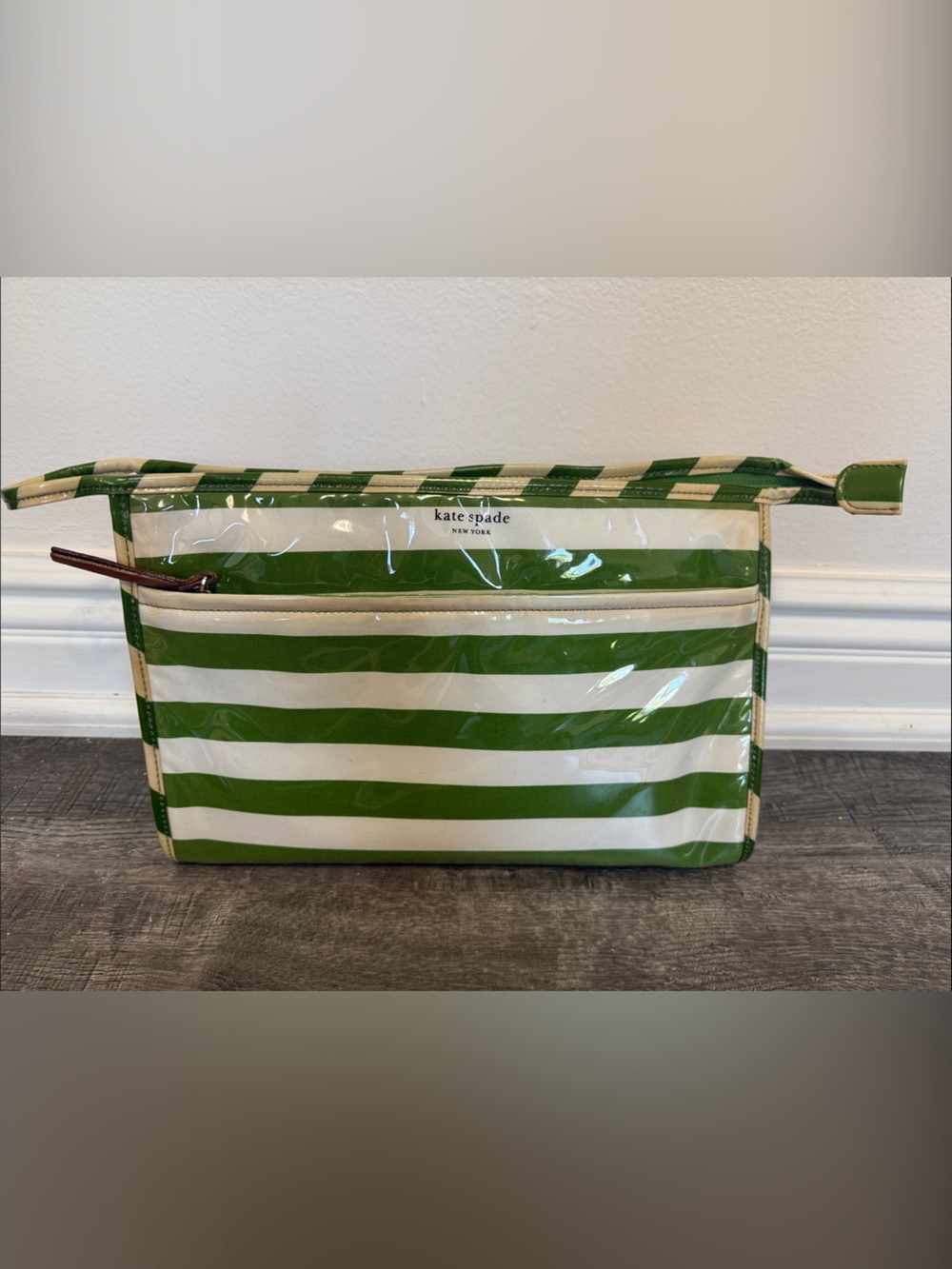 kate spade Green and White Striped Vinyl Makeup/ Travel Bag